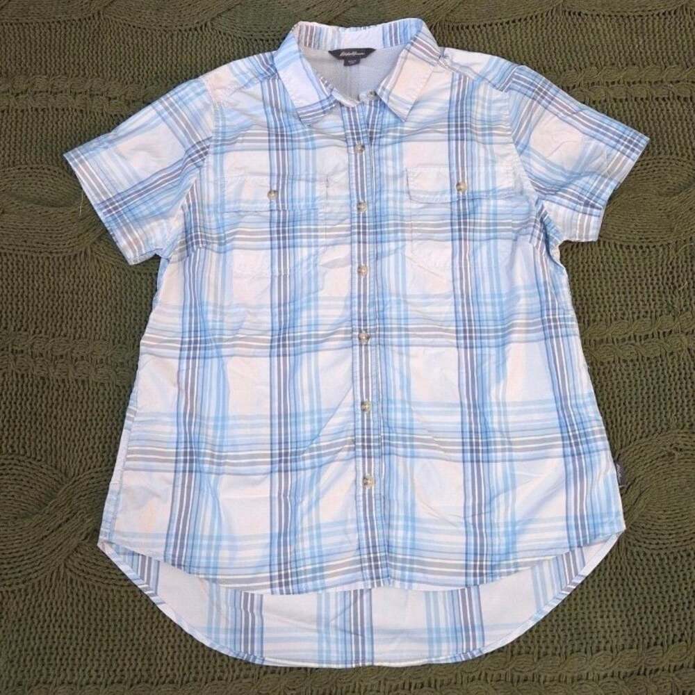 Eddie Bauer Short Sleeve Blue Plaid Adventure Top Button Up Shirt Womens M